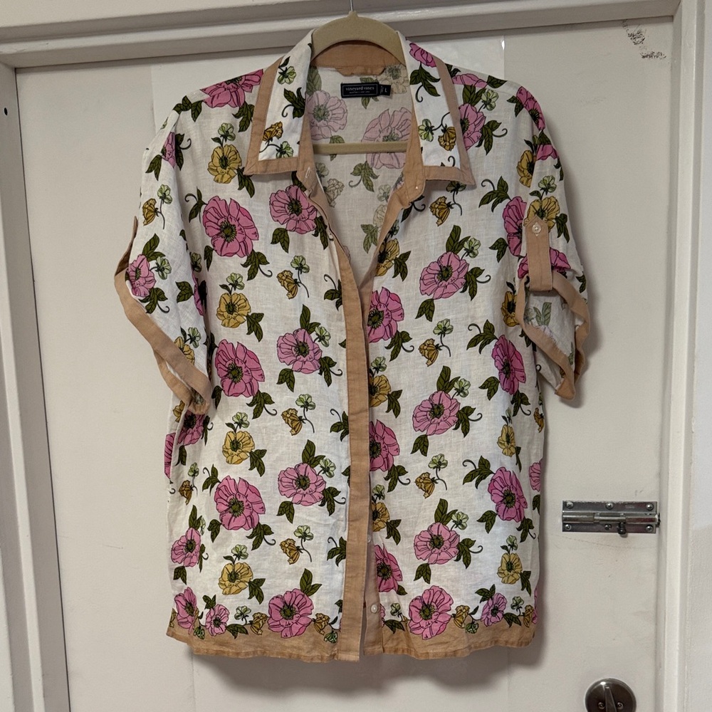 Vineyard Vines Floral Linen Button Down Shirt with Pink and Tan Accents